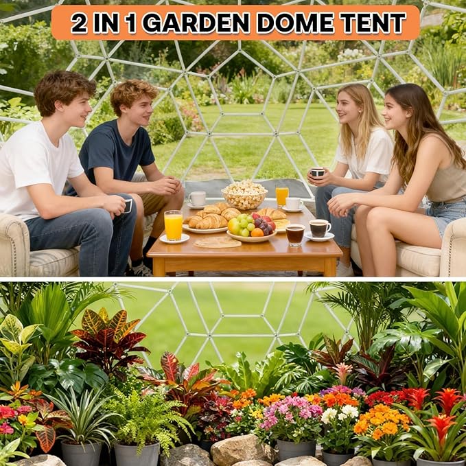 Garden Dome Tent 12*7.2FT, 360° View Geodesic Dome Greenhouse with PVC Clear Cover, Waterproof Garden Bubble Dome Tent House with 2 x 10M Light Strings for Outdoor, White