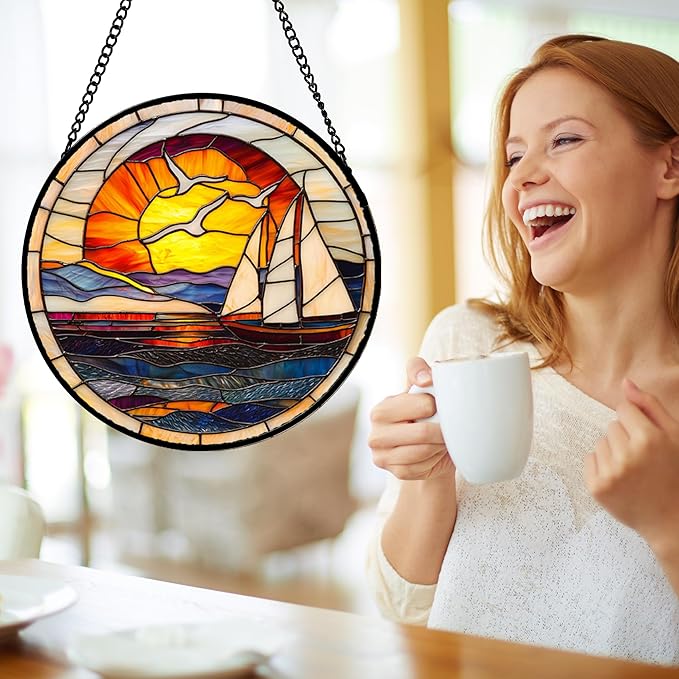 DASTOLL Stained Glass Window Hanging, Sun Ocean Sailboat Seagull Abstract Suncatcher Diamond Glass Panel Sun Catchers Decor for Birthday for Women, Men, Wife, Aunt, and Mom 14.9x14.9 in