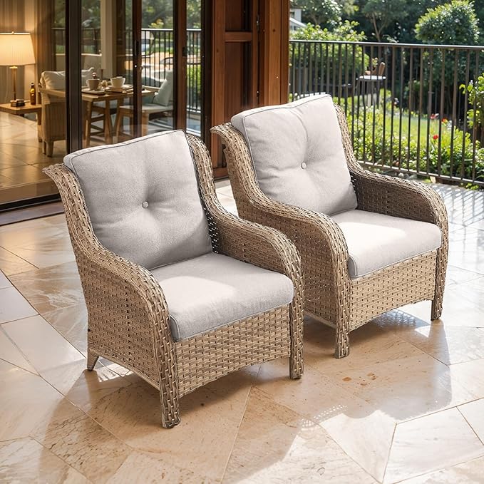 HUMMUH 3 Pieces Patio Bistro Set Wicker Patio Chairs Set of 2 with Tempered Glass Top Side Table Rattan Outdoor Furniture Conversation Set for Yard,Garden,Porch (Yellow/Beige)
