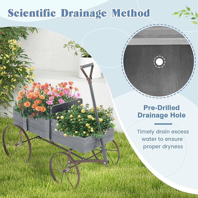 Giantex Decorative Garden Planter, Small Wagon Cart with Metal Wheels, Wood Raised Beds Plant Pot Stand for Backyard Garden Patio 24.5”Lx13.5”Wx24”H (Gray)