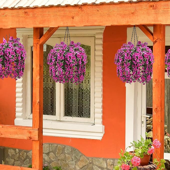 4 Pcs Hanging Plant Flower Basket for Outdoor Spring Decoration, 7.87 Inches Black Iron Chain Wicker Woven Conical Artificial Flower Hanging Basket, Plants Not Included (Coffee)