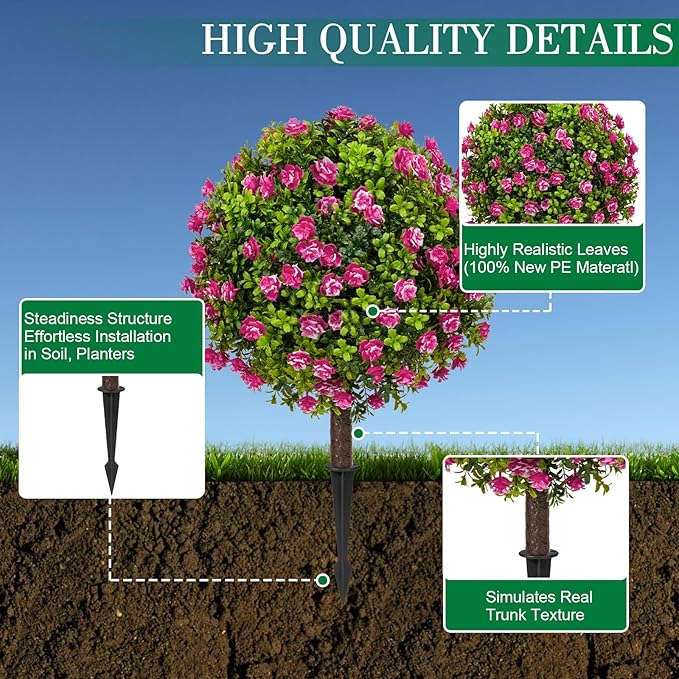 25" Artificial Boxwood Topiary Ball Trees with RoseFlowers, Set of 2 UV Resistant No Fade Outdoor Faux Plants with Ground Spike, Fake Shrubs for Garden, Patio, Porch, Yard, Indoor