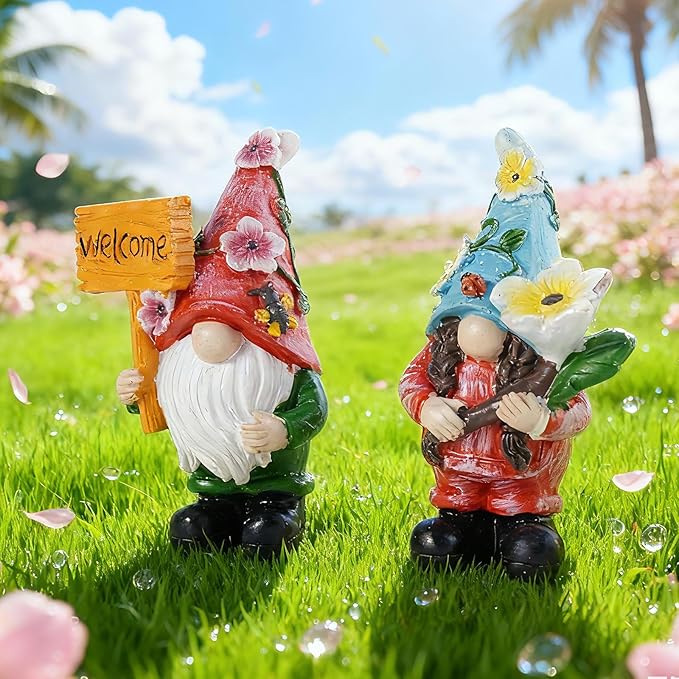 2-Piece Spring Flower Theme Gnome Resin Statues - Outdoor Patio & Lawn Garden Decor, Indoor Home Ornament, Dwarf Garden Figurines, Ideal Gift for Parents & Friends