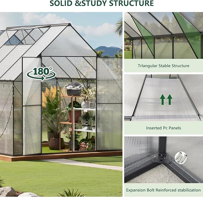 Green House for Outside, Greenhouse for Outdoor, Walk-in Garden Greenhouses, Heavy Duty Polycarbonate Greenhouse, Backyard Green Houses (8x8)