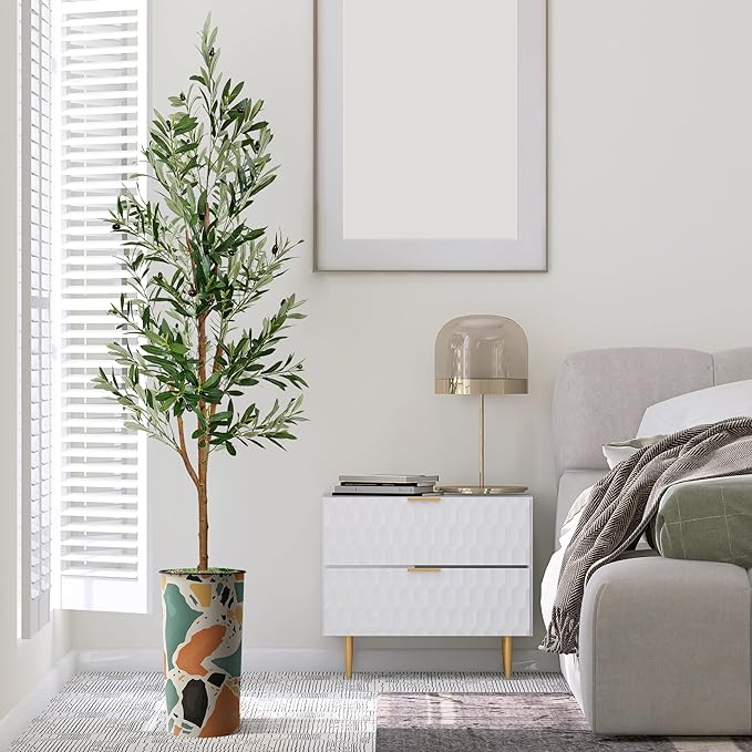 Artificial Tree in Modern Geometric Pattern Planter, Fake Olive Silk Tree for Indoor and Outdoor Home Decoration - 68" Overall Tall (Plant Pot Plus Tree)