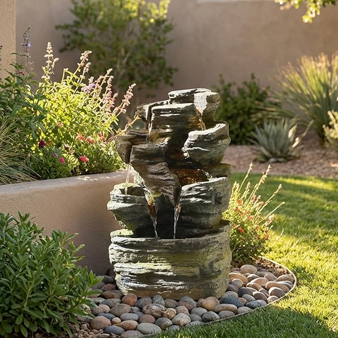 24.2" H Rock Cascading Water Fountain Outdoor&Indoor, 6-Tier Garden Naturefalls Fountains, Floor-Standing Waterfall with Lights for Patio, Backyard, Deck, Porch, Home DéCor, Stone Gray