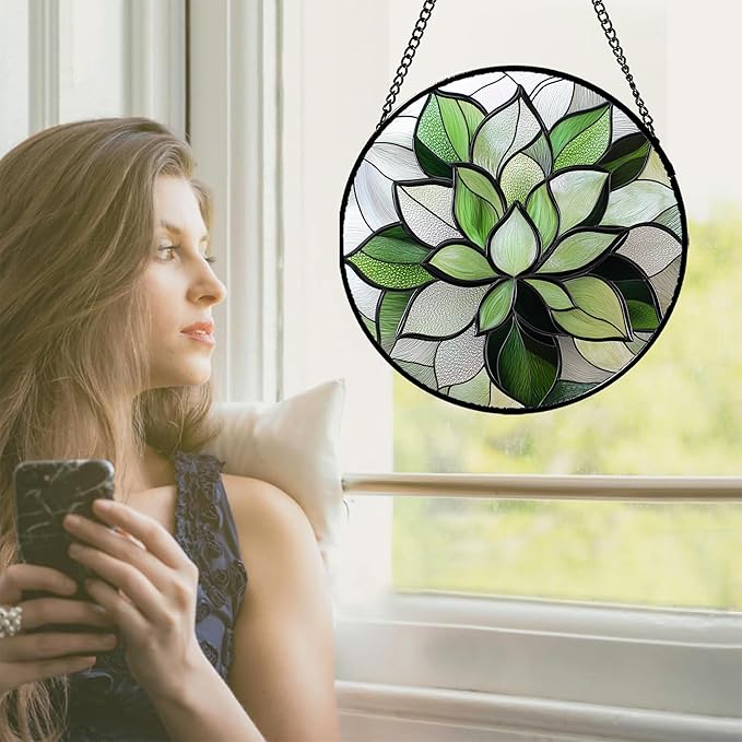 Stained Glass Window Hanging - Ireland Green Plants Suncatcher for Doors Garden Succulent Sun Catchers Decor Mother's St. Patrick's Day Birthday for Women Men Mom Nana 9.8 in