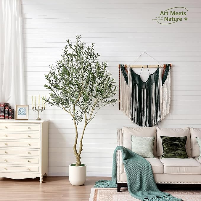 VeriNatural Artificial Olive Tree 8FT Tall, Faux Plants Indoor - Fake Plant with Lifelike Leaves,White Planter - Large Fake Olive Trees for Home Living Room Office Bedroom Floor Decor