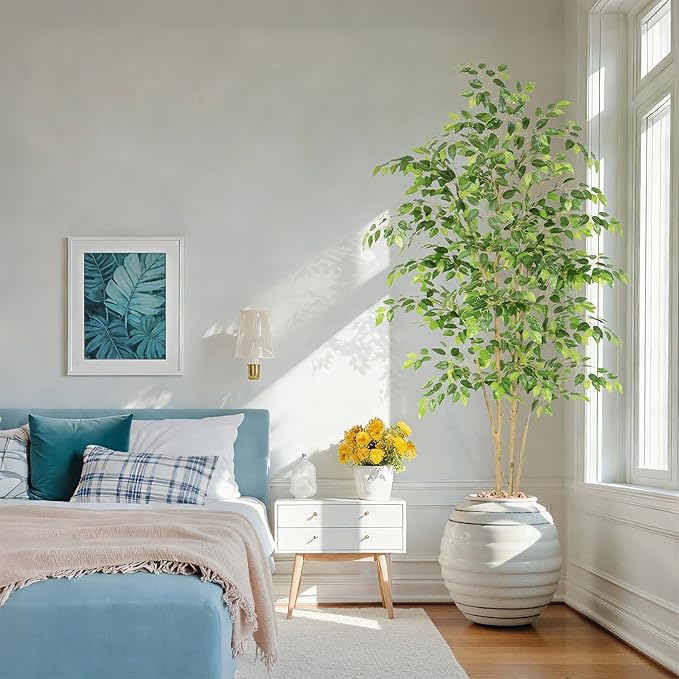 Tall UV Resistant Ficus Tree Artificial，7ft(84in) Realistic Texture Potted Faux Ficus Tree， Fake Trees Indoor Outdoor for Home Office Living Room Bedroom Foyer Porch Decor.