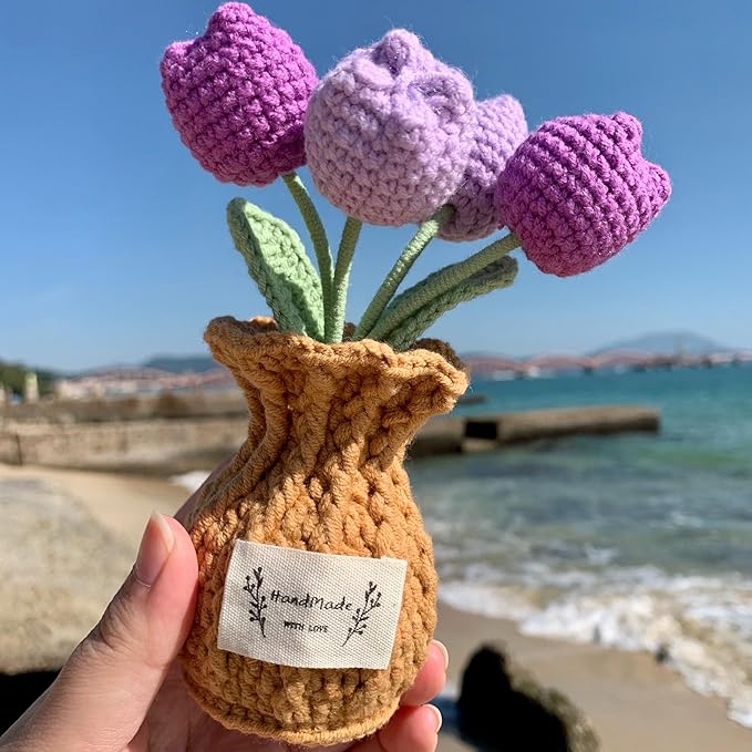 YOOJEE Tulip Crochet Flower Potted Plant Handmade Desk Decor Gift