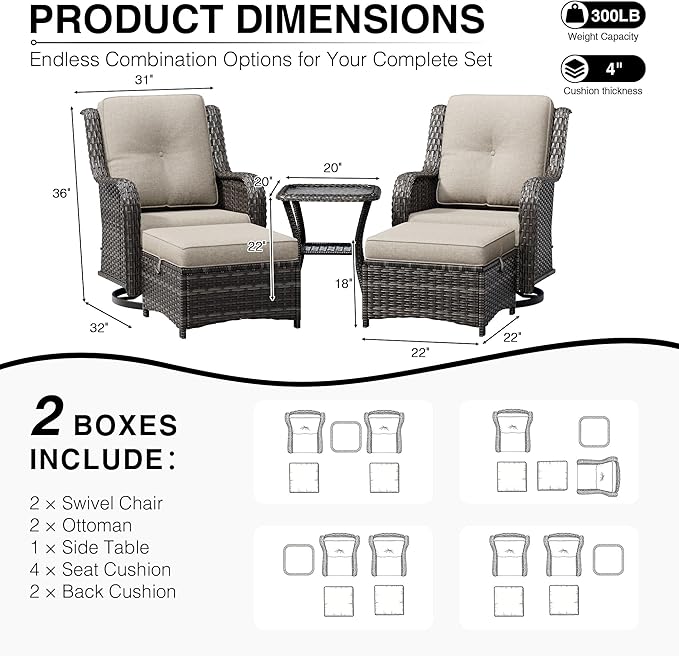 Joyside 5 Piece Wicker Patio Furniture Set, Outdoor Swivel Rocker Patio Chairs with High Back, Deep Seating, Wide Armrest, Thickened Cushions, Outdoor Furniture for Deck, Porch Use