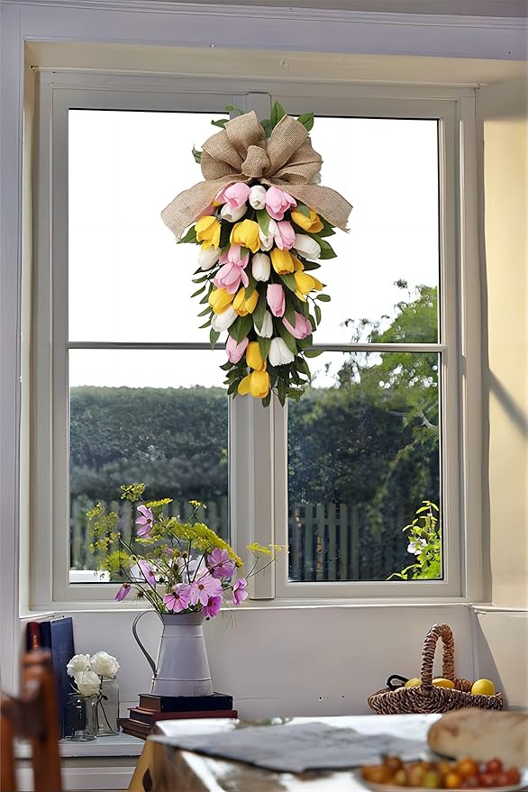 26" Artificial Tulips Teardrop Swag with Burlap Bow, Handmade Spring Easter Teardrop Wreath for Front Door & Porch Wall, Spring Easter Decor Decorative Swag