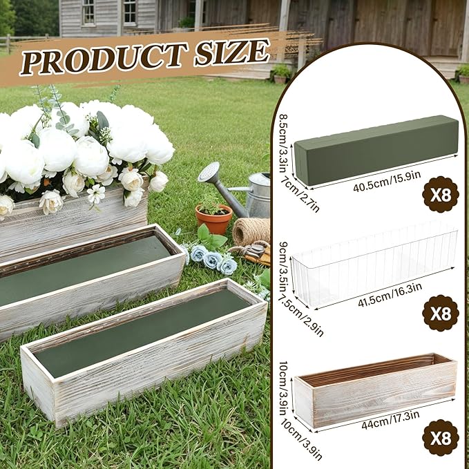 Sintuff 8 Set Rectangle Wooden Planters, 17 x 4 Inch Wood Boxes with Removable Plastic Liner & Floral Foam Blocks, Rustic Wood Planter for DIY Centerpieces Home Wedding Garden Bookshelf Decor (White)