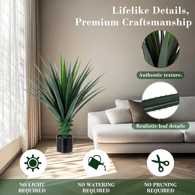 Giegxin 1 Piece 3ft Tall Artificial Spiked Agave Plant Potted Faux Agave Plants 35'' UV Resistant Large Realistic Artificial Greenery Outdoor Indoor for Housewarming Gift House Garden Bathroom