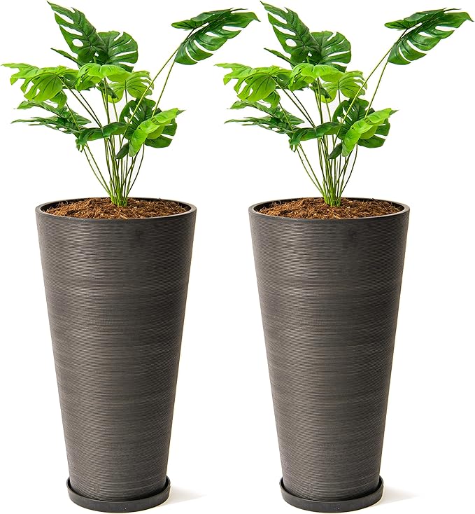 XBrand Modern 28-Inch Tall Round Planter, Modern Tapered Planter Perfect for Indoor & Outdoor Planter, Patio Décor, Set of 2, Black
