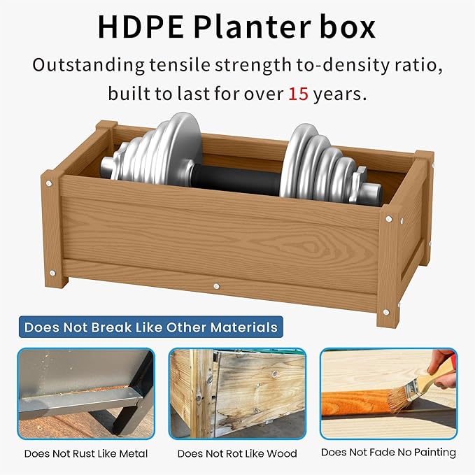 HDPE Planter Box, All-Weather Outdoor Garden Bed Easy to Assemble, Drainage System, Low Maintenance, Non-Fading, for Flower/Herb/Seed (Teak)