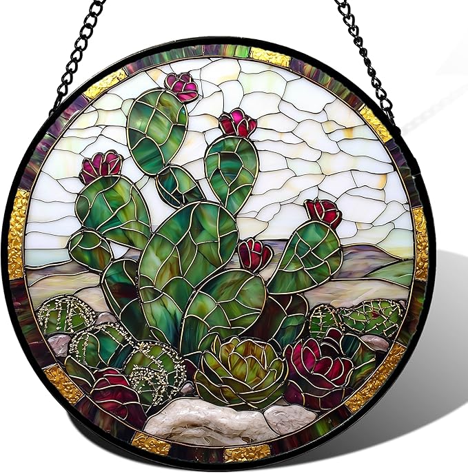 Stained Glass Window Hanging,Green Cactus Purple Flowers Suncatcher Diamond Glass Panel Sun Catchers Decor for Birthday for Women, Men, Wife, Aunt, and Mom 14.9x14.9 in