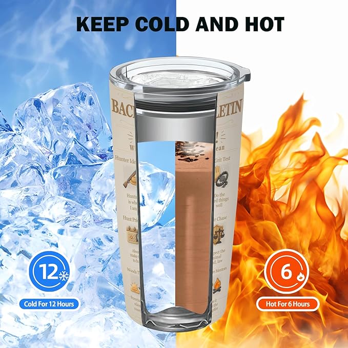 SNUGLYZEN Hunting Gifts Tumbler 20oz Insulated Stainless Steel Cup – Retro Newspaper-Style Hunter Creed Quote, Ethical Hunting & Woodsmanship – Gift for Hunters, Dad, Truck Travel, Camp