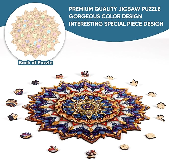 Delobil Jigsaw Puzzles for Adults, Mandala Flower Wooden Puzzles 200 Pieces, Geometric Art Gold Round Jigsaw Puzzles for Adults and Kids, Family Puzzle Games Gift Puzzle, 11.4 x 11.3 Inches