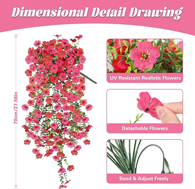 AmberFun Artificial Hanging Flowers for Outdoors,No Fade 2 Bundles Fake Silk Flowers for Outside, Realistic Faux Plants Decorations for Hanging Baskets, Planters-Porch, Patio, Yard Decor