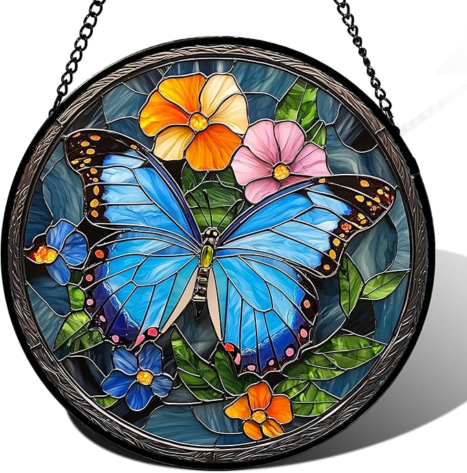 HWRHTR Stained Glass Window Hanging, Blue Butterfly Flower Suncatcher for Doors Home Sun Catchers Decoration and Christmas, Mother's Day Birthday Gifts for Women, Men, and Mom 7.8 in