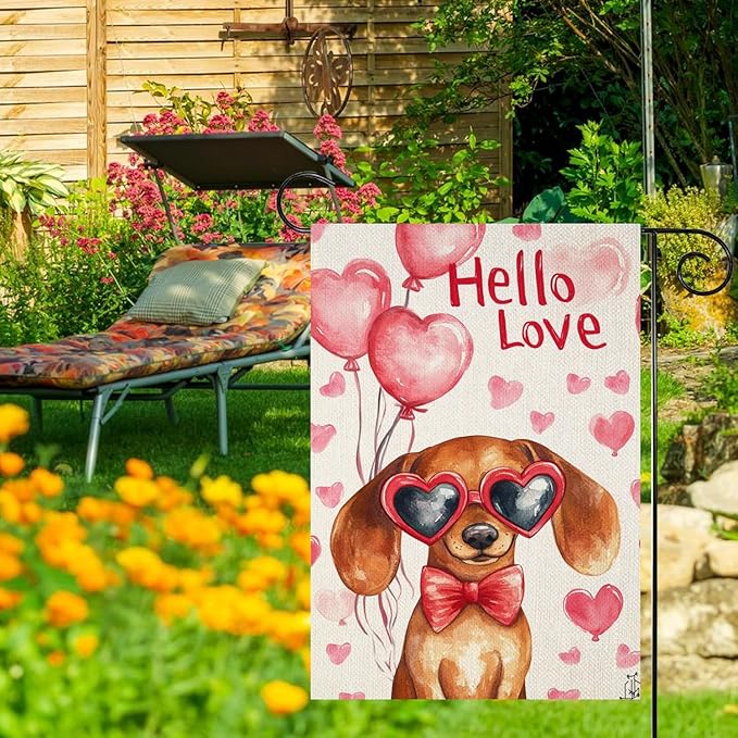 Valentine's Day Dachshund Hello Love Garden Flag, House Yard Plaid Love Heart Outside Decoration, Spring Holiday Wedding Anniversary Outdoor Small Decor 12x18(12645)