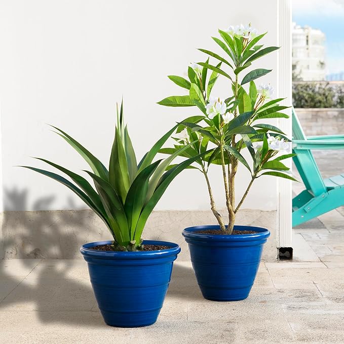 Glitzhome 15.5" D Large Flower Pots, Set of 2 Large Planters for Outdoor Plants with Drainage Holes, Cobalt Blue Faux Ceramic Finish, Plastic Tall Flower Pots for Garden, Patio, Porch or Indoor Use