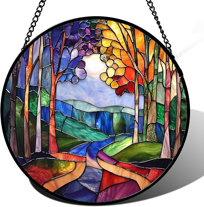Stained Glass Window Hanging, Colorful Forest Landscape Tree Suncatcher for Doors Window Home Abstract Sun Catchers Decoration Mother's Day Birthday Gifts for Women, Men, and Mom 6.3 in