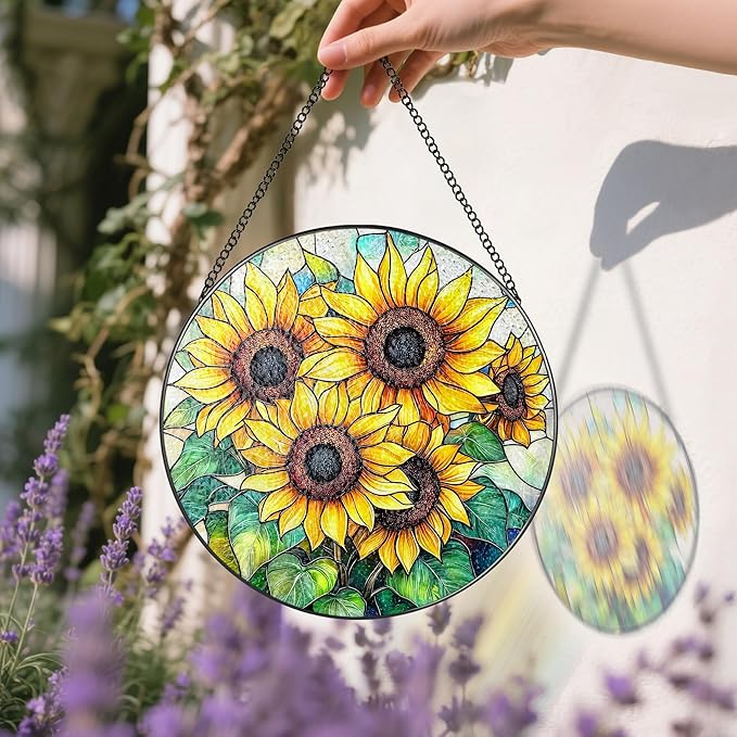 Stained Glass Window Hanging, 8 Inch Sunflower Stained Glass Suncatcher, Suncatchers for Windows Hanging, Home Decor for Window, Teacher Gift, Birthday Gift, Sunflower Gifts for Women, Friend