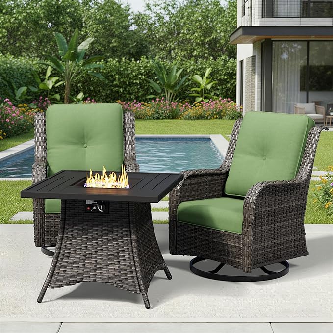 Joyside 3 Piece Wicker Patio Furniture Set with Fire Pit Table, Outdoor Swivel Rocker Patio Chairs with High Back, Deep Seating, Wide Armrest, Thickened Cushions, Outdoor Furniture for Deck, Porch Use