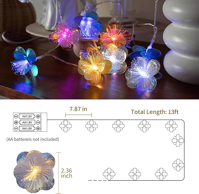 YOLIGHT Fiber Optic Flower String Lights Battery Operated with Timer, 13ft 20 LED Colorful Flower Garland Lights Fairy Lights for Room Table Wedding Christmas Easter Décor (Multi-Color)