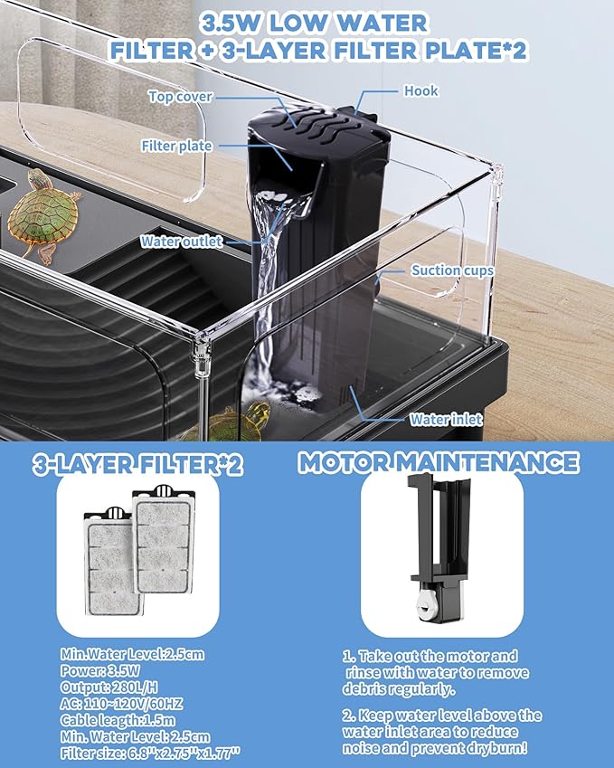 MoonOrange Small Turtle Tank Kit, Acrylic Turtle Tank Starter Kit with Basking Platform, Bottom Drainage, Multi-Function Areas for Turtles, Crabs, Crayfish, Small Reptiles. (Black Kit)