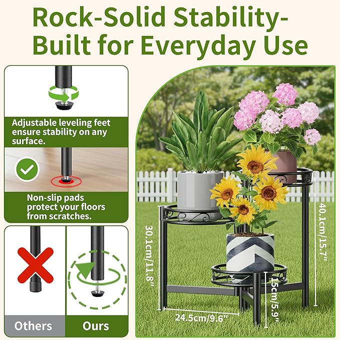 NQW 3-Tier Plant Stand Outdoor,Metal Plant Stand for Multiple Plants, Folding Tall Plant Rack Display Shelf for Corner Living Room Porch Patio Garden Office - BalckCircle