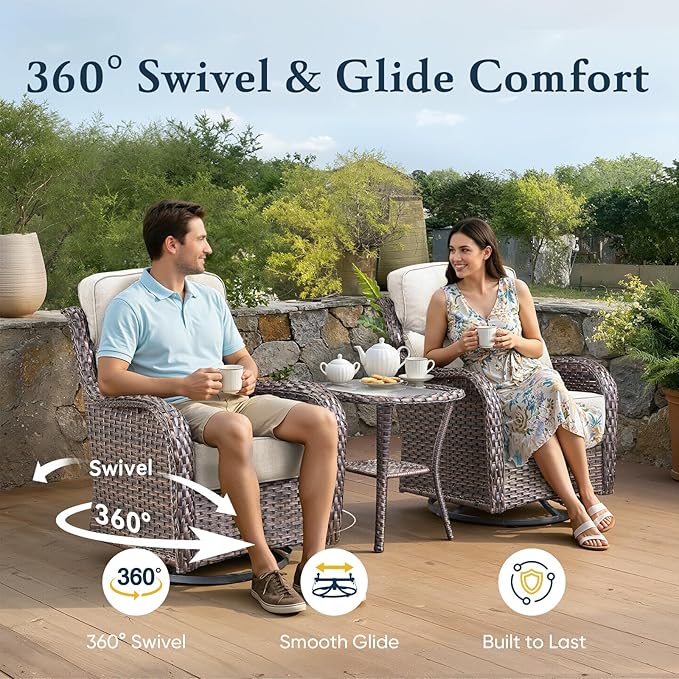 Belord Luxury 6" Thick Cushioned Outdoor Swivel Rocker Patio Chairs with Side Table, High Back Wicker Furniture Set with Ergonomic Zone Back, Conversation Glider Set for Deck Porch - Brown+Beige