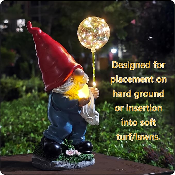 Solar Garden Male Gnome Statue, Detachable Outdoor Garden Decorative Stakes, Resin Gnome Holding Light-Up Bird & Bubble Wand, Upgraded 8-10H Lighting, for Patio, Yard, Flower Bed & Pathway, 10.63"