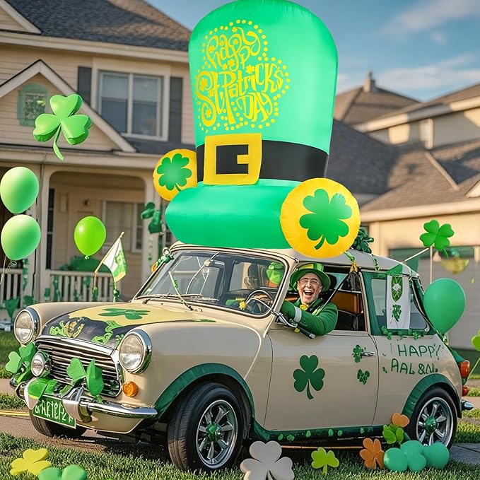 5FT St Patricks Day Inflatables Outdoor Decorations Car Roof Decoration Blow Up Leprechaun Hat Decor with Built-in LED Lights for Vehicle Yard Lawn Garden Outside Indoor Holiday Party