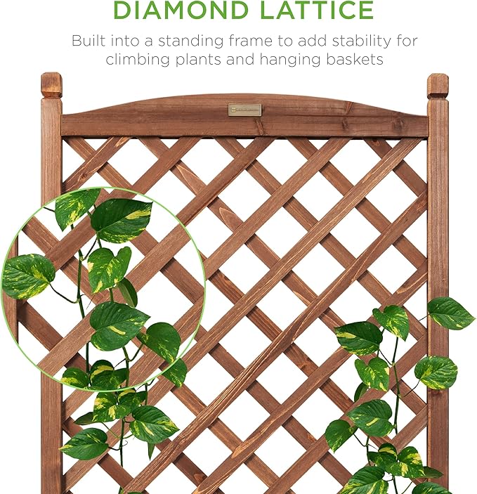 Best Choice Products 48in Wood Planter Box & Diamond Lattice Trellis, Mobile Outdoor Raised Garden Bed for Climbing Plants w/Drainage Holes, Optional Wheels - Walnut