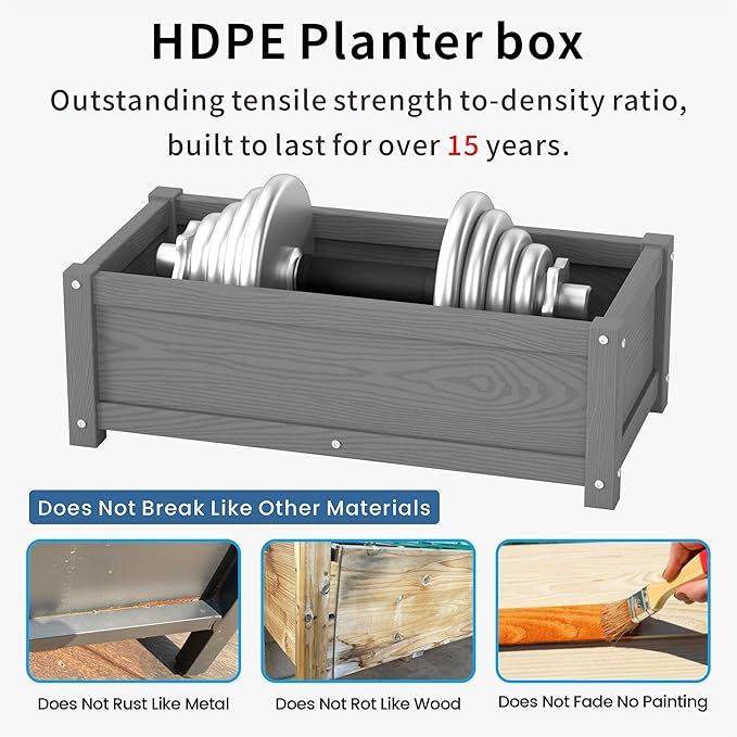 HDPE Planter Box, All-Weather Outdoor Garden Bed Easy to Assemble, Drainage System, Low Maintenance, Non-Fading, for Flower/Herb/Seed (Gray)