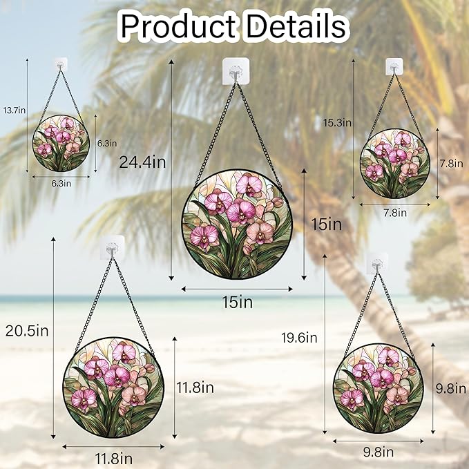 AMDERVEN Stained Glass Window Hanging - Pink Phalaenopsis Orchid Green Leaves Sun Catcher for Door Home Decor Flower Suncatcher Christmas Mother's Day Birthday Gifts for Women Men Mom Nana 15 in
