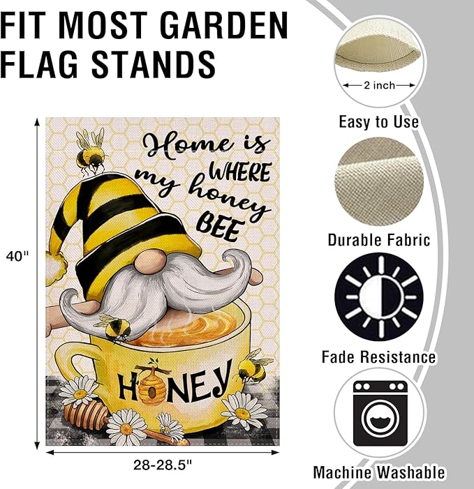 Artofy Home Bumble Bee Gnome Decorative House Flag, Garden Yard Spring Summer Outside Decor, Outdoor Large Burlap Double Sided 28 x 40