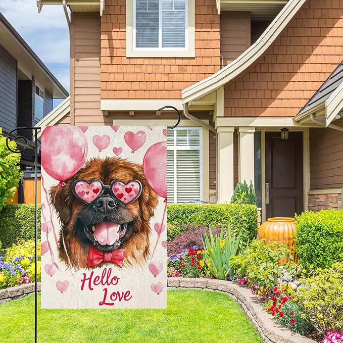 Valentine's Day Tibetan Mastiff Hello Love Garden Flag, House Yard Plaid Love Heart Outside Decoration, Spring Holiday Wedding Anniversary Outdoor Small Decor 12x18(12649)