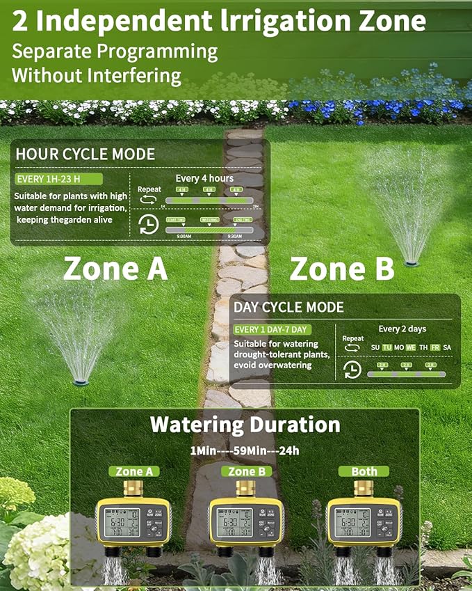 Smart Sprinkler Timer, 2-Zone Programmable Water Hose Timer with Rain Delay & Manual Mode, Outdoor Irrigation System for Garden, Lawn, Yard, Patio Drip Watering (Brass)