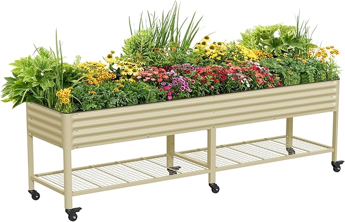 Rolling Elevated Raised Garden Bed - Jumbo Series, 2.5' x 10' Outdoor Planters Boxes with Legs & Storage Rack for Patio, 2000+ Lbs Weight Capacity, Raised Beds for Gardening Herbs Flowers, Pearl White