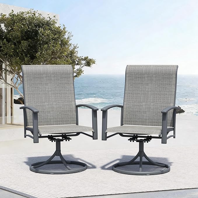 Outdoor Swivel Dining Chair Set of 2, All Weather Patio Dining Chair with Textilene High Back and Metal Frame for Backyard, Lawn Garde and Deck, Grey