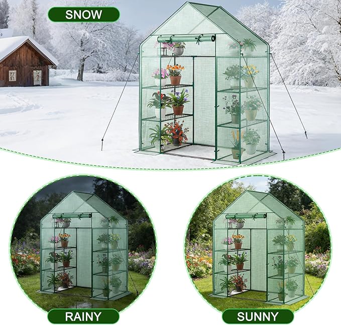 Grezone Walk-in Greenhouse Upgraded Green House with Thicken PE Cover, 3 Tiers 8 Shelves for Outdoors，Heavy Duty Plastic Plant Warm House with Reinforced Frame (56x28x77 in)