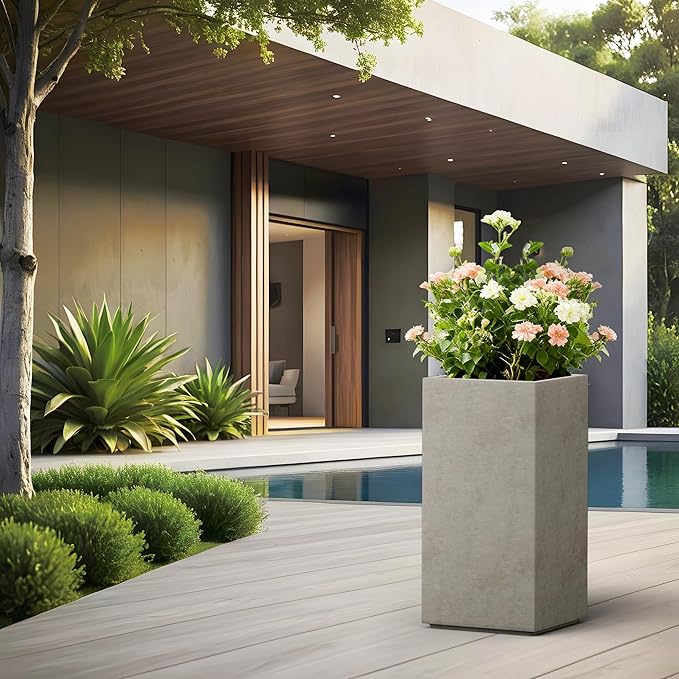 Kante 27.6" H Tall Rectangular Concrete Planter, Modern Square Diameter Plant Pot with Drainage Hole and Rubber Plug for Indoor Outdoor Home Patio Garden, Weathered Concrete