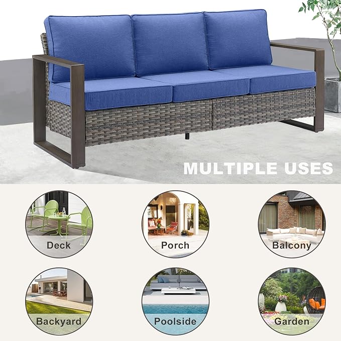 Rilyson Outdoor Couch Wicker Patio Sofa, Rattan Patio Furniture Sofa with Sturdy Frame,All-Weather PE Wicker,Wide Armrest,Deep Seating and Thick Cushions for Deck Porch Garden(Mixed Grey/Blue)