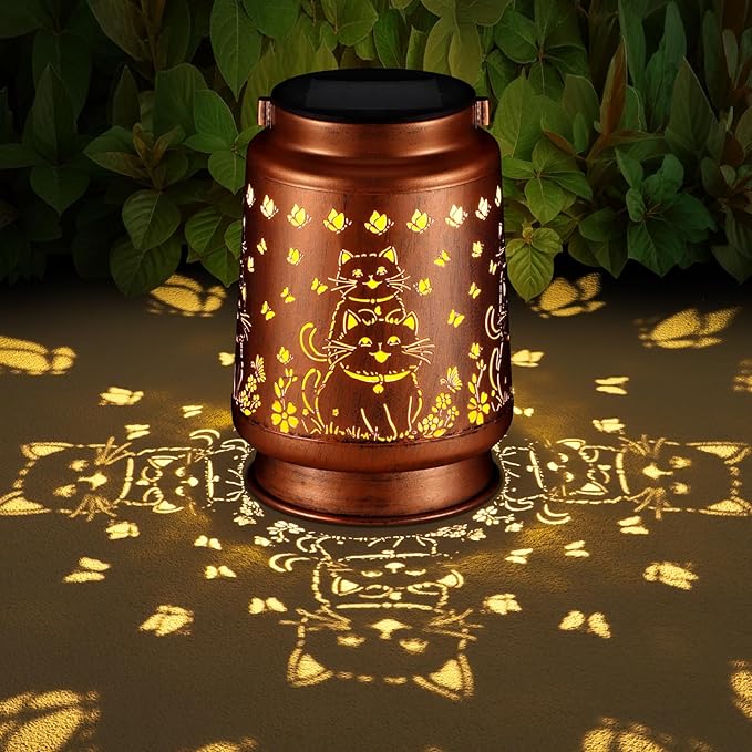 Solar Lantern Outdoor Hanging Waterproof Outside Metal Openwork Hummingbird Pattern Birthday Gifts for Women Mom Landscape Lights for Porch Garden Yard Patio Pathway Decor(Cat)