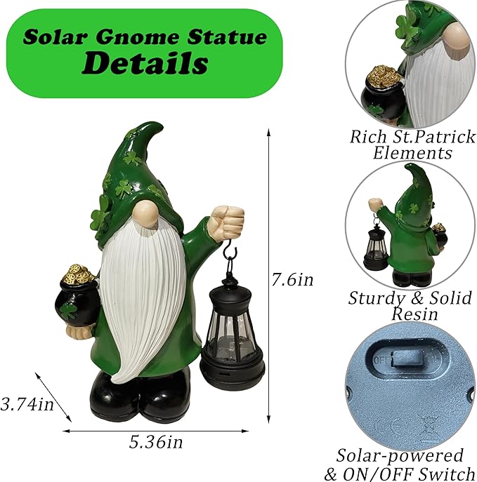 St Patrick's Day Gnome Decorations Outdoor, Solar Leprechaun Decor with Pot of Gold, Resin Figurine with Shamrocks & Solar Light for Garden Patio, Holiday Gift for Luck and Fortune