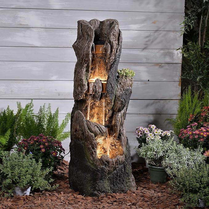 Water Fountain Outdoor 4 Tier Large 43.7 in High Cascading Wood Waterfall with LED Lights, Realistic Tree Sculpting Natural Waterfall Outdoor Fountain for Yard, Garden, Patio, Porch